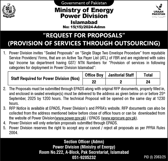 Ministry of Energy Power Division Islamabad Tender Notice